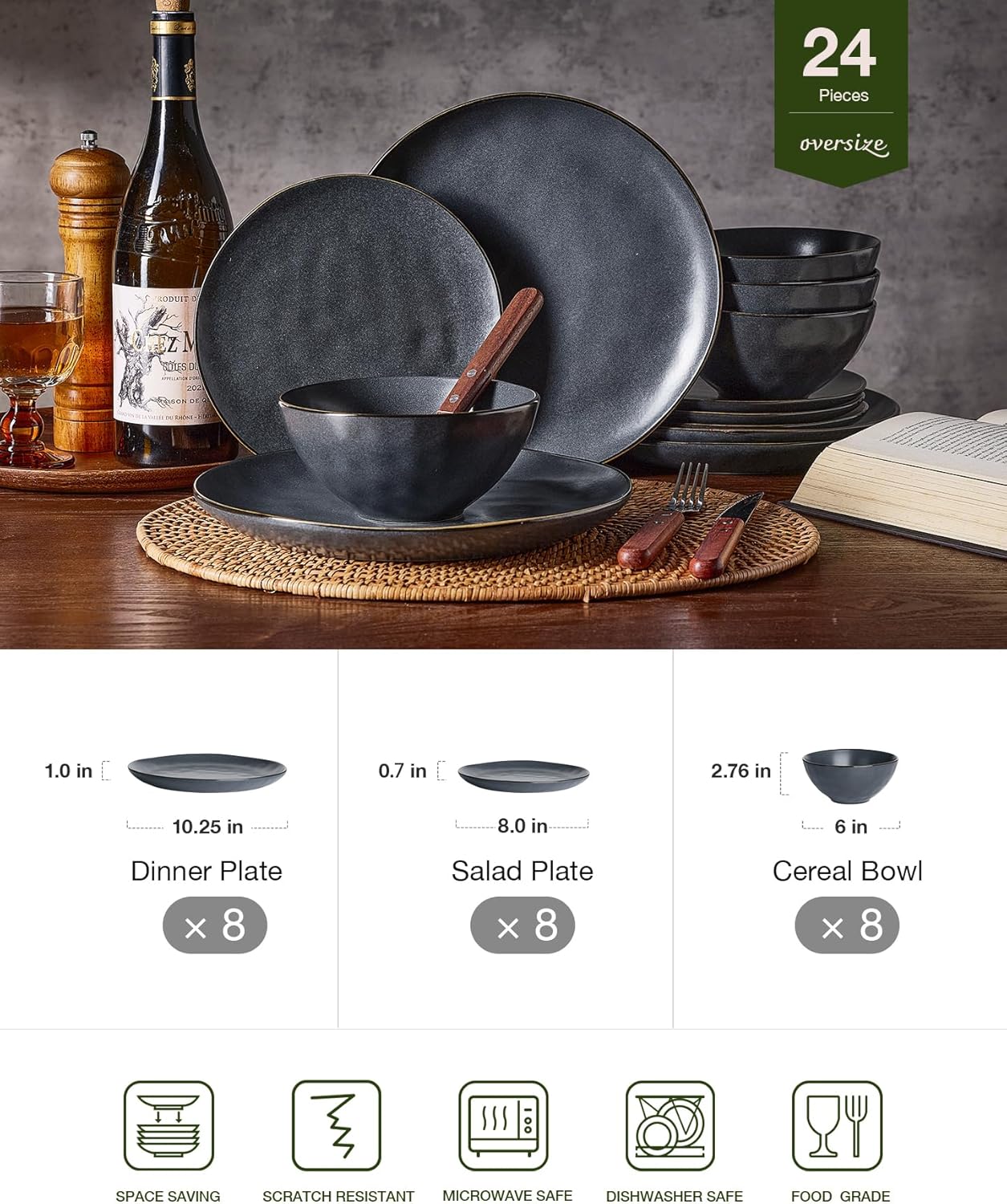 Famiware Dinnerware Sets for 8, Ocean Round 24-Piece Kitchen Plates and Bowls Sets, Microwave and Dishwasher Safe, Scratch Resistant, Matte Black