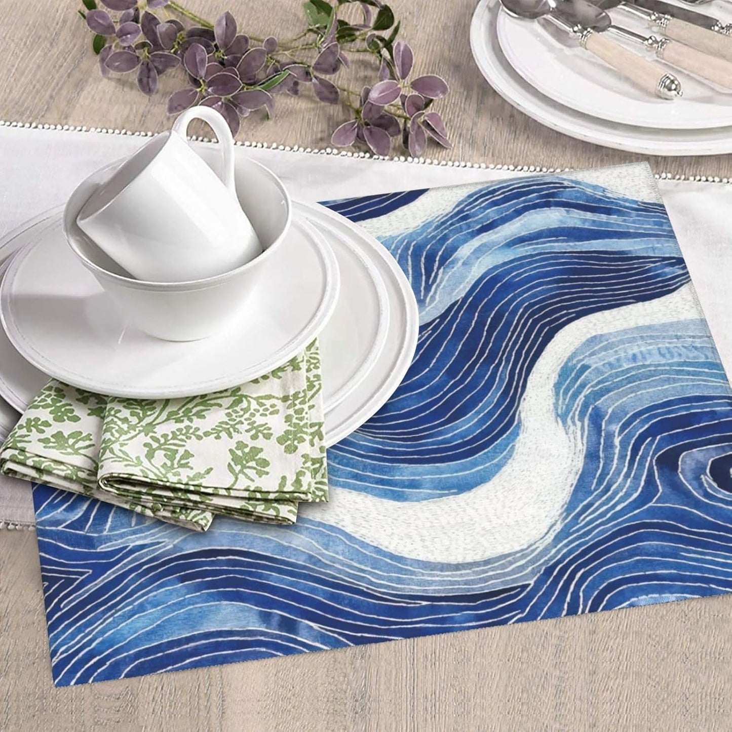 Blue White Wave Abstract Art Dish Drying Mat for Kitchen Counter & Sink, Absorbent Microfiber Ocean Drying Pad for Dishes, Foldable Nautical Modern Kitchen Mat for Dining Area & Home Decor, 16" x 18"