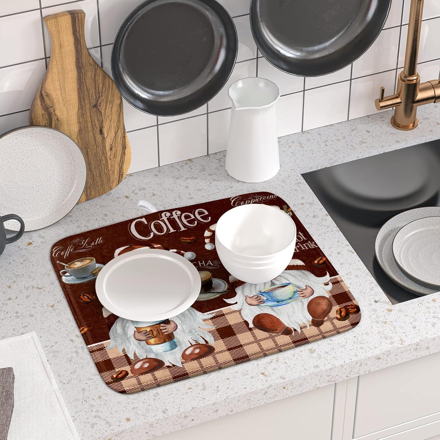 Coffee Gnomes Dish Drying Mat - Brown Plaid Absorbent Quick Dry Dishes Cups Rack Mats Anti Slip Microfiber Pad Under Coffee Maker Espresso Machine Kitchen Counter Bar Accessories 16 x 18 Inch