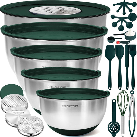 Priority Chef Stainless Steel Mixing Bowls with Lids Set, Metal Nesting Bowls with Airtight Lids, Graters, Non-Slip Base & Measurement Marks, Includes Utensil Set for Prep, Baking & Storage, Green