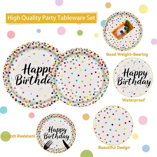 161CT Polka Dot Birthday Party supplies Dinnerware, Include Paper Plates Cups Straws Cutlery, Beige Kitchen Dining Table Decoration for Baby shower, Birthday Party Decor