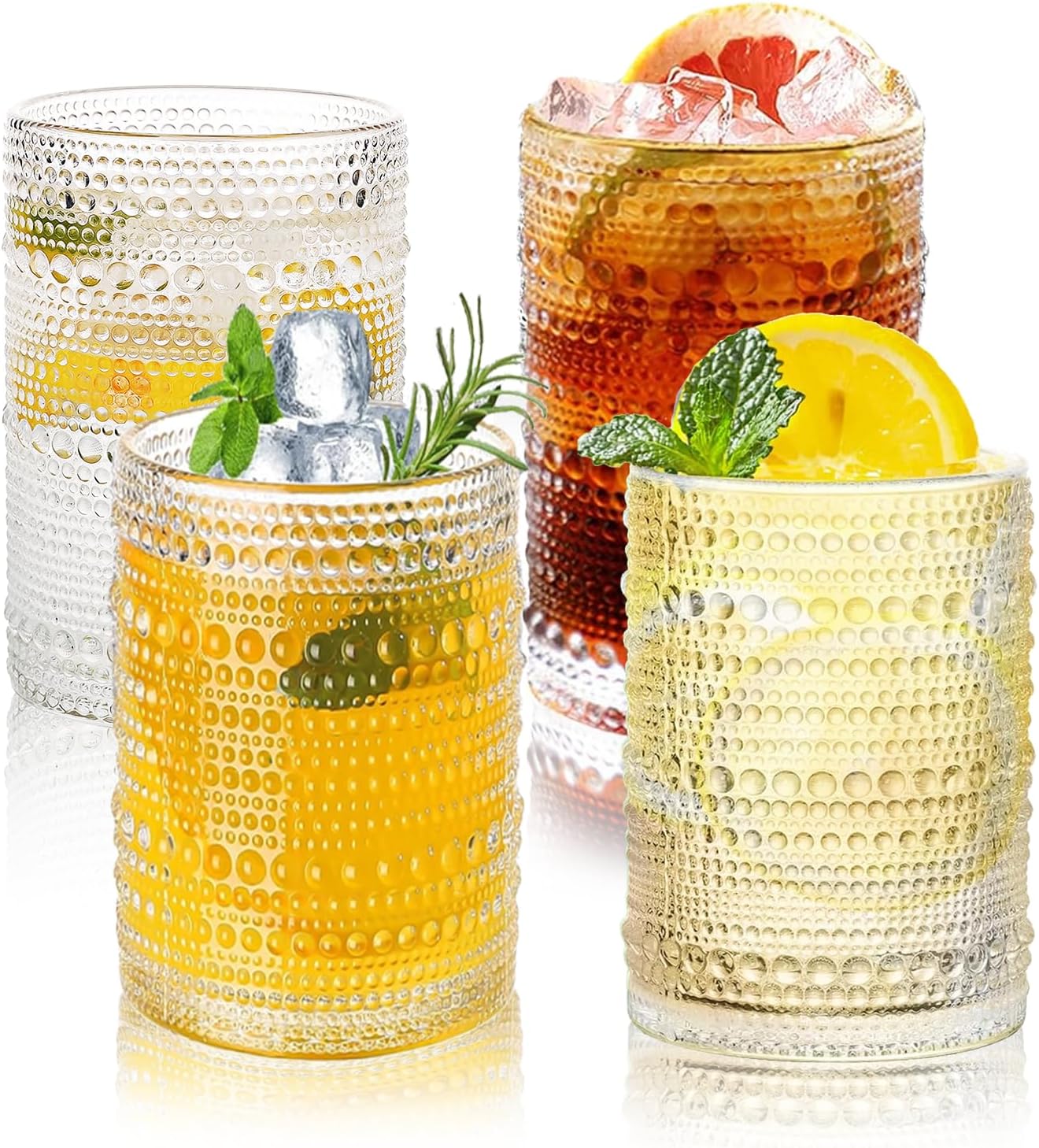 Hobnail Drinking Glasses Set,16 Oz Vintage Embossed Glass Tumbler for Cocktail, Beer, Juice, Water, Whiskey and Kitchen Glassware
