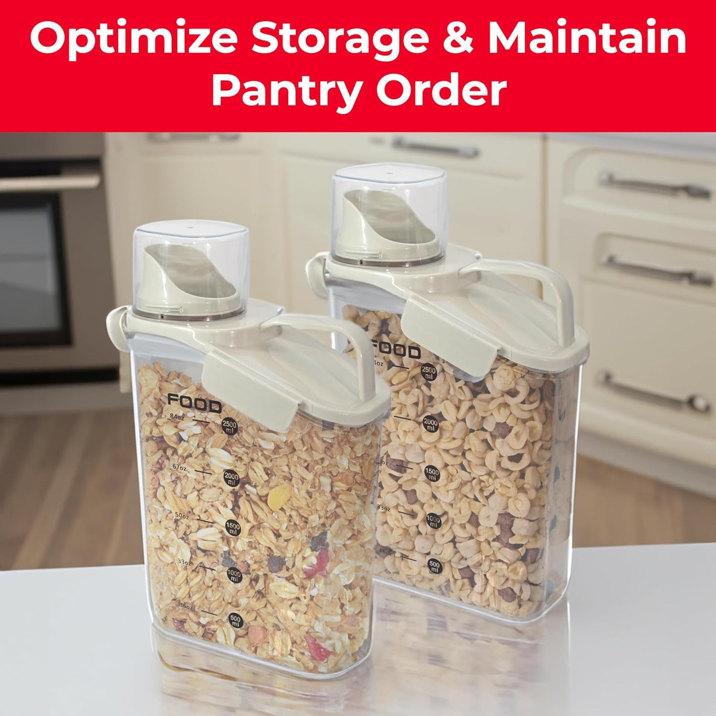 Two Pack Food & Cereal Storage Container - 2.6L Airtight Plastic Kitchen Organizer Bin with Pouring Spout, Measuring Cup Lid, Ideal for Dry Food, Rice, Sugar, Pet Food dispenser - BPA free