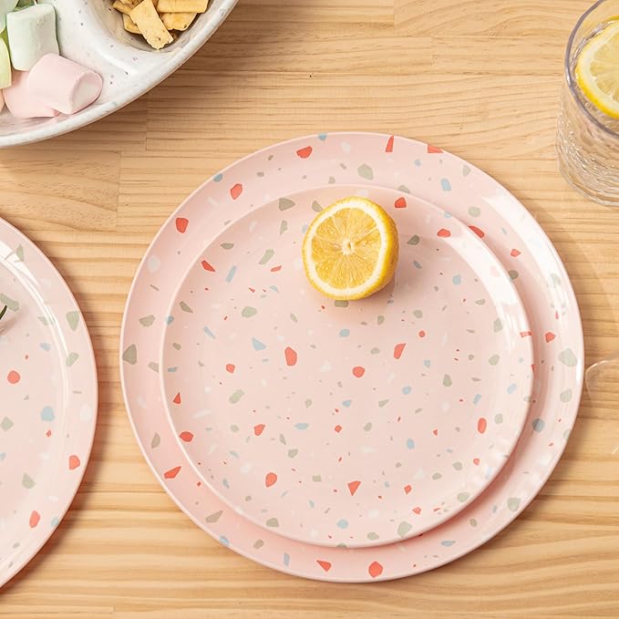 Bzyoo 12-Piece Melamine Dinnerware Set - Confetti Pink Plates and Bowl Lightweight BPA-Free Dishwasher Safe Dish Set for Indoor & Outdoor Use - Perfect for Camping, BBQs, Kids Parties