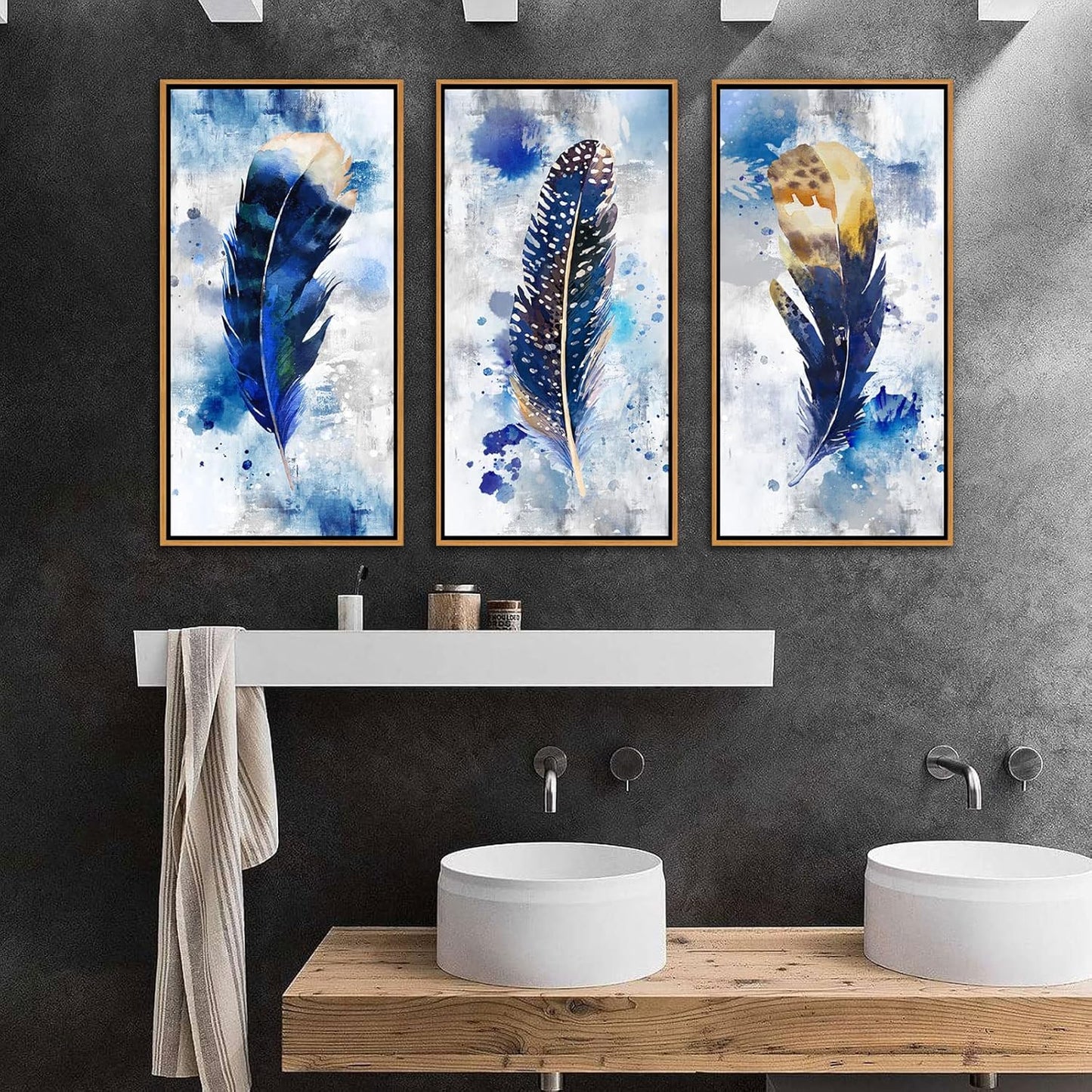 Framed wall art Feather Canvas Wall Art for Living Room Bedroom Large Modern Artwork Blue Watercolor feather Print picture 3 pieces Framed Wall Decor Ready to Hang for Home Office Decoration (With