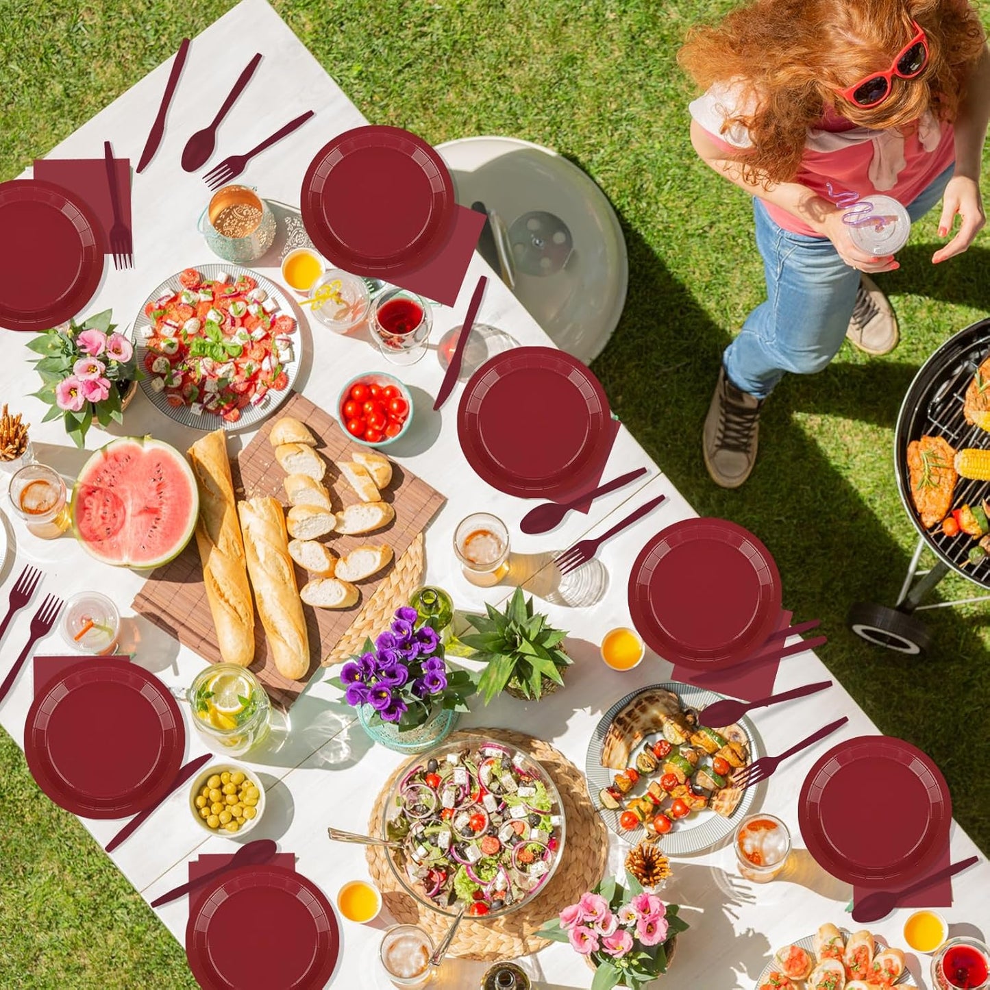 TWOWYHI 228PCS Burgundy Party Supplies Set Include Paper Plates Cups Paper Napkins Plastic Spoons Forks Knives for 30 Guests Disposable Party Dinnerware for Birthday Wedding Family Picnic