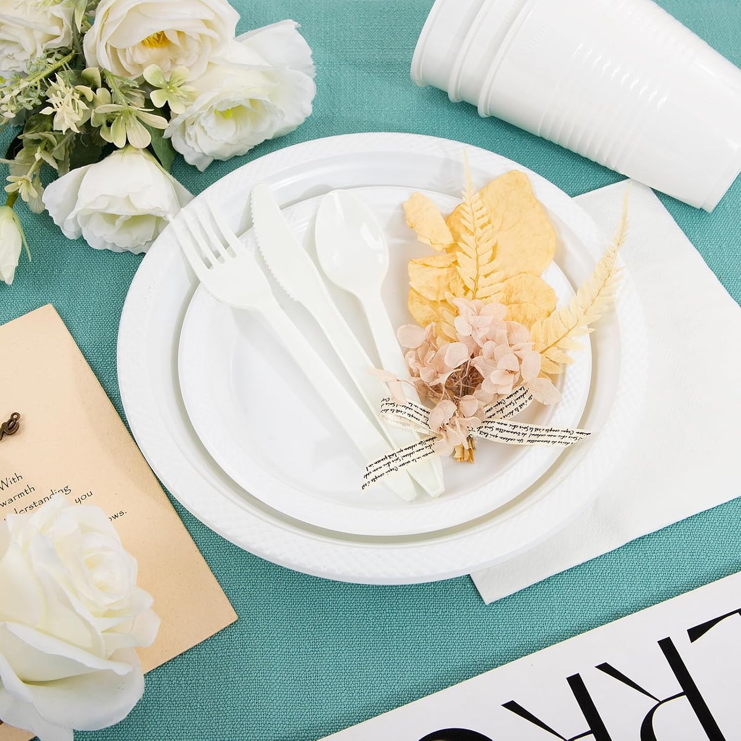 MirthMood 350PCS White Disposable Plates, Round Solid Color Disposable Plates for Party, including 50 Dinner Plates,50 Dessert Plates,50 White Silverware,50 Napkins and 50 16OZ Cups