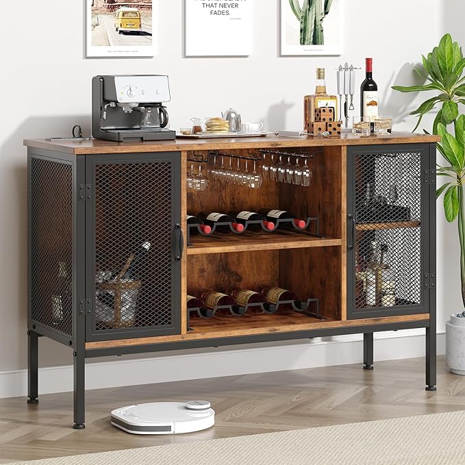 Upgraded Wine Bar Cabinet with Back Panel, Liquor Cabinet with LED Lights & Power Outlets, Adjustable Shelves, Glass Holders & Storage, Coffee Station for Kitchen/Home, Rustic Brown