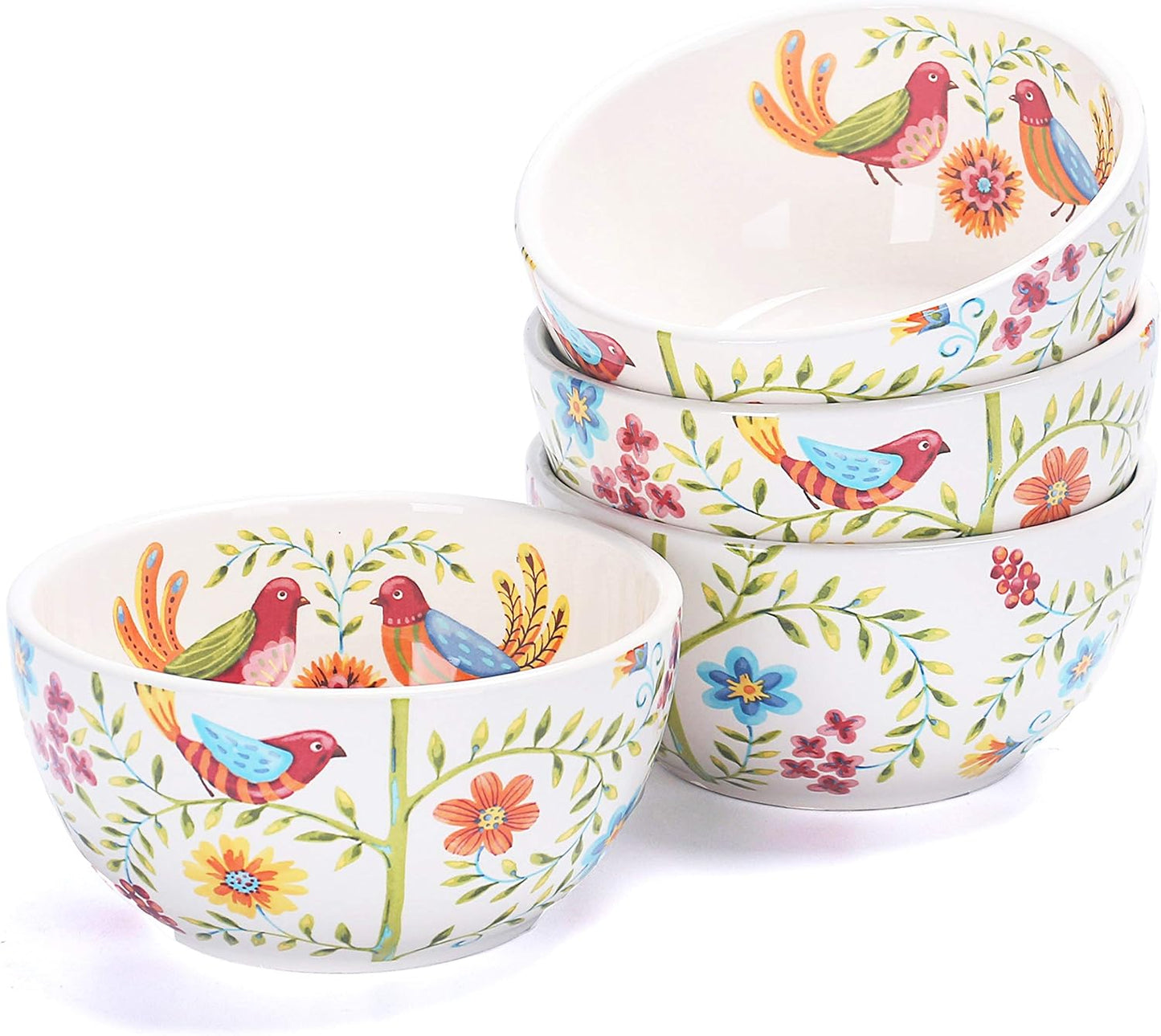 Bico Red Spring Bird Cereal Bowls Set of 4, 26 oz Deep Ceramic Soup Bowls for Cereal, Salad, Noodles, Kitchen, Microwave and Dishwasher Safe, Gift for Housewarming and Thanksgiving