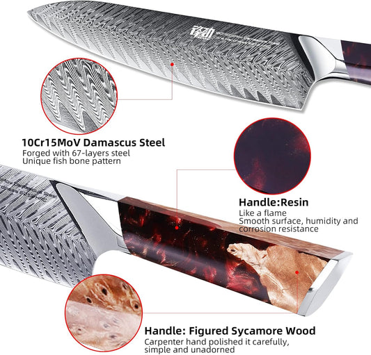 FINDKING Nebula Series Chef Knife with ABS Sheath, Multipurpose Japanese Gyuto Knife, 10Cr15CoMov Damascus Steel Blade, Resin and Figured Sycamore wood Handle, Full Tang, 8 Inch, Red, for Meat