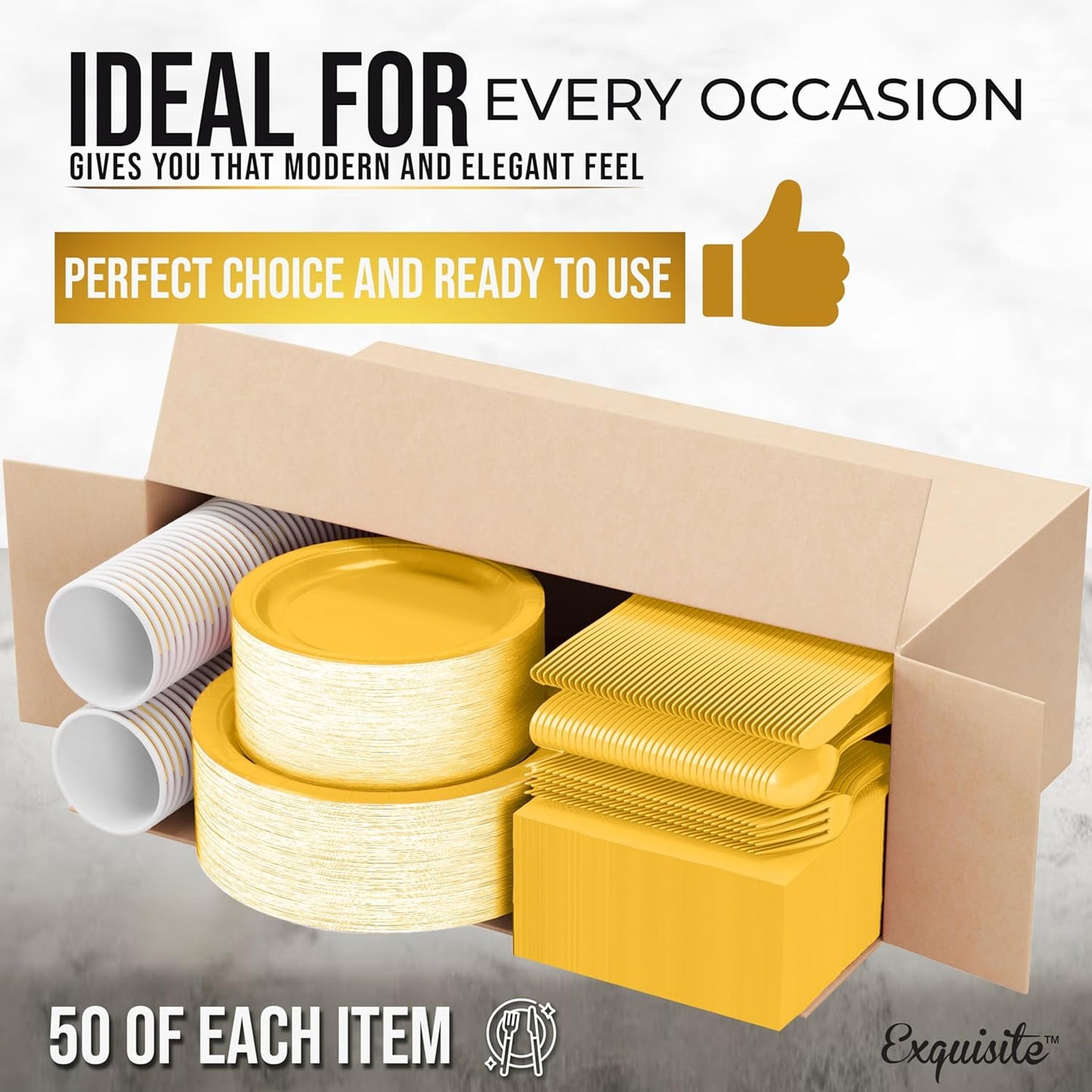 Exquisite 350 Pieces Yellow Paper Plates For Party, Yellow Disposable Plates Set, 50 Of Each 9" Dinner Plate Set, 7" Dessert Plate, Cups, Napkins & Cutlery Paper Dinnerware