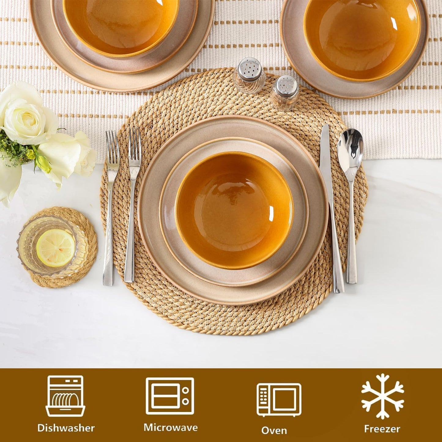 Vicrays Ceramic 12 Pieces Dinnerware Set - Dinner Plates Salad Plates Cereal Bowls Set Service for 4 - Scratch Resistant Microwave Oven Dishwasher Safe - Beige