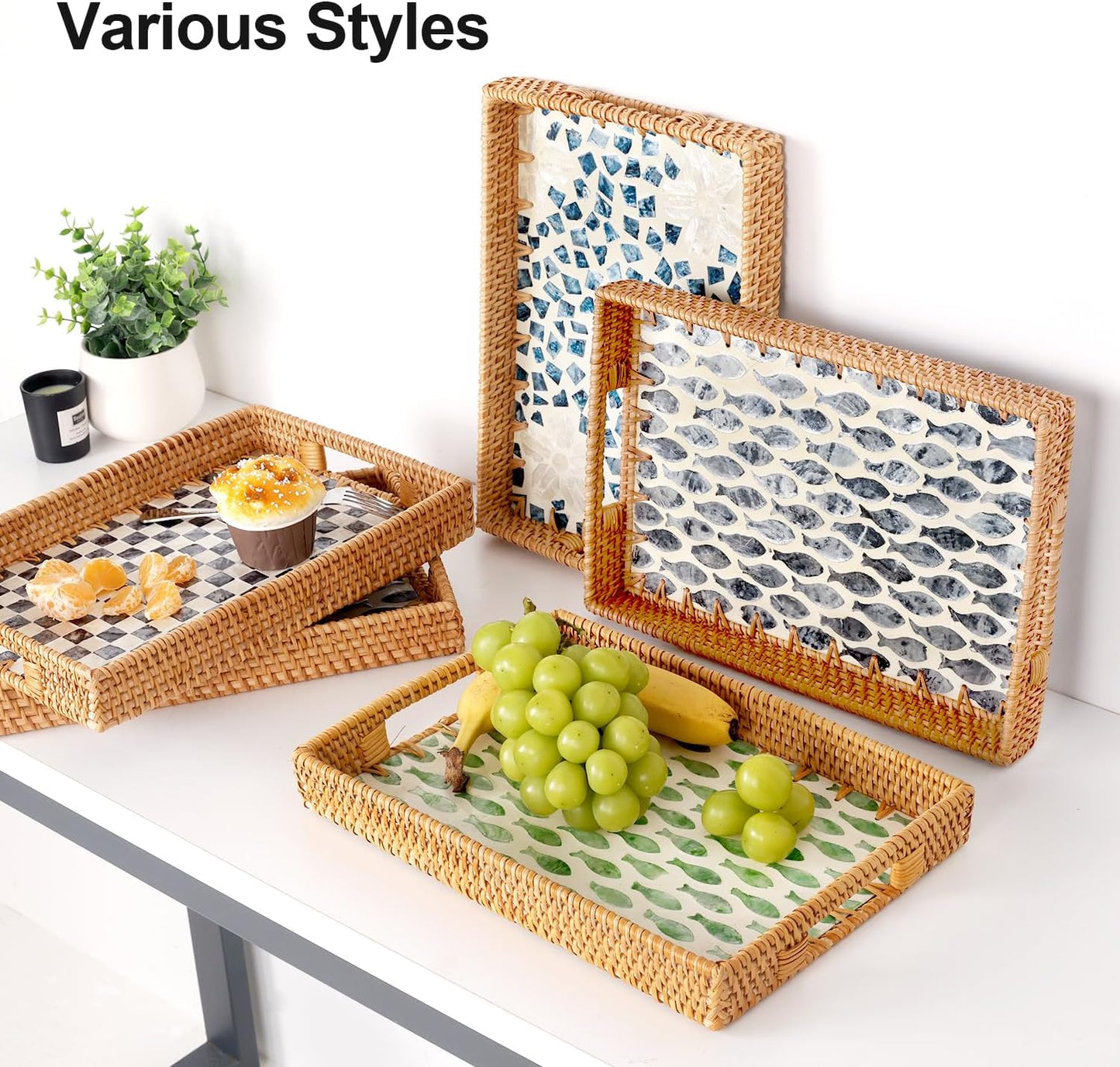 Rectangle Rattan Tray with Mother of Pearl Inlay, Rattan Serving Tray with Handle for Coffee, Bread, Fruits, Snacks, Decorative Wicker Tray for Table Decor (Rectangle Green Fish, 13"×9")