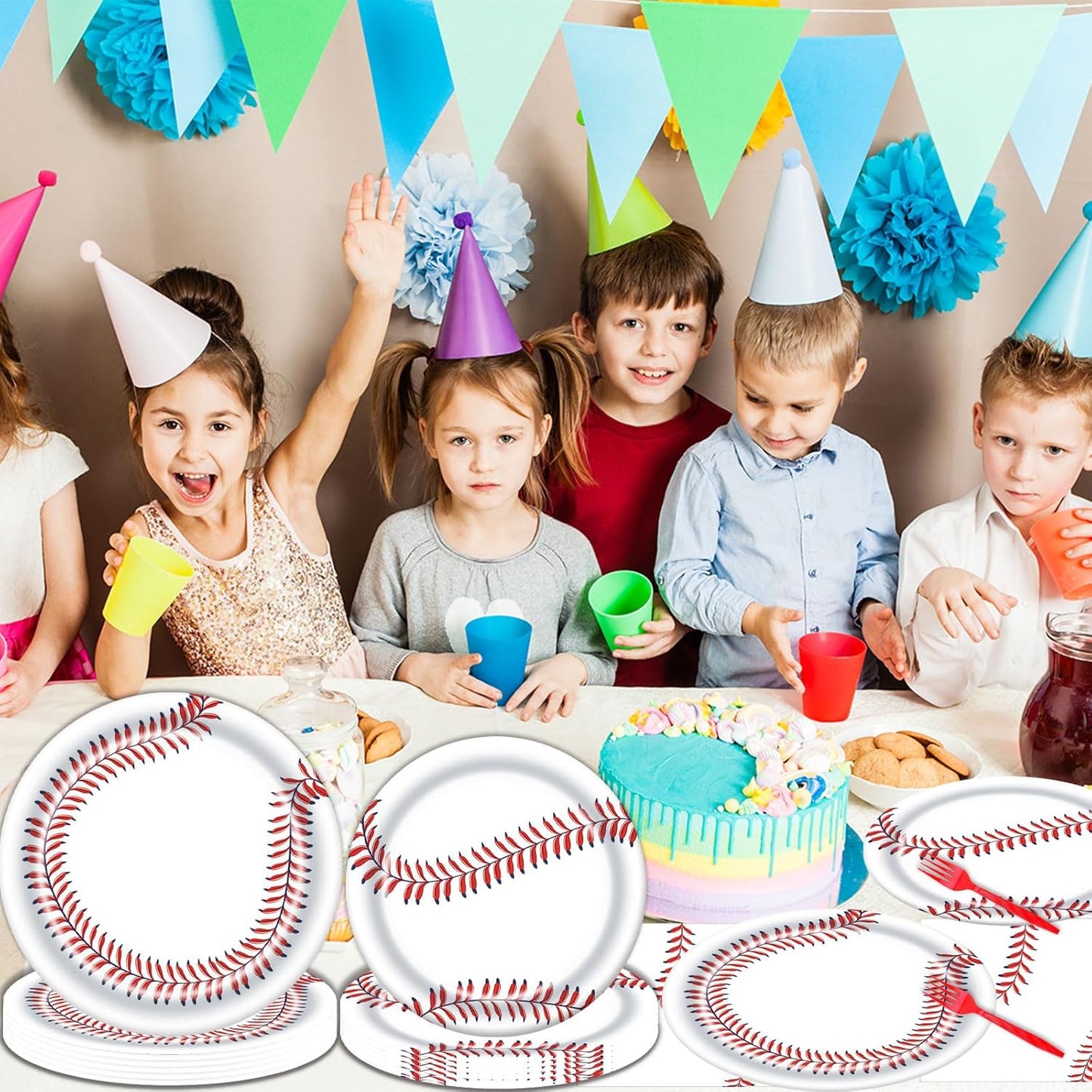 DTDO 96Pcs Baseball Party Supplies Paper Plates Napkins Forks Sport Theme Birthday Party Decorations Gameday Birthday Disposable Dinnerware Tableware for Boys Girls Serves 24