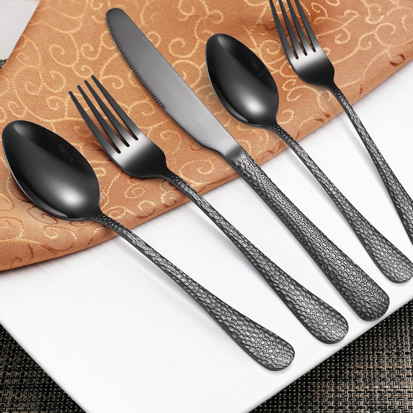 Black Hammered Silverware Set 8 Stainless Steel Flatware Vintage 40 piece include Knife Fork Spoon Proper Weight for Parties Restaurant Utensils and Kitchen Daily Use