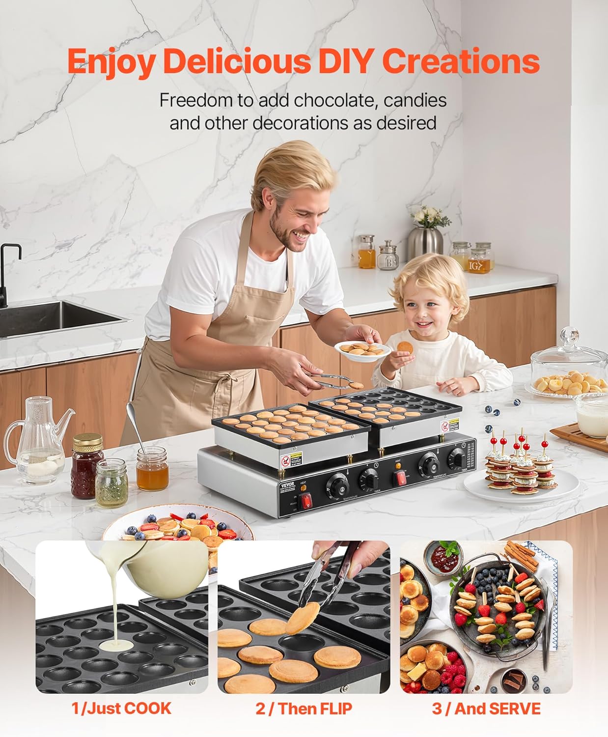 VEVOR 50PCS Mini Dutch Pancake Maker, Non-stick Stainless Steel Dorayaki Baker, 1800W Commercial Electric Poffertjes Grill Pan, Dual Temp & Time Control, for Kitchen Restaurant Breakfast Dessert