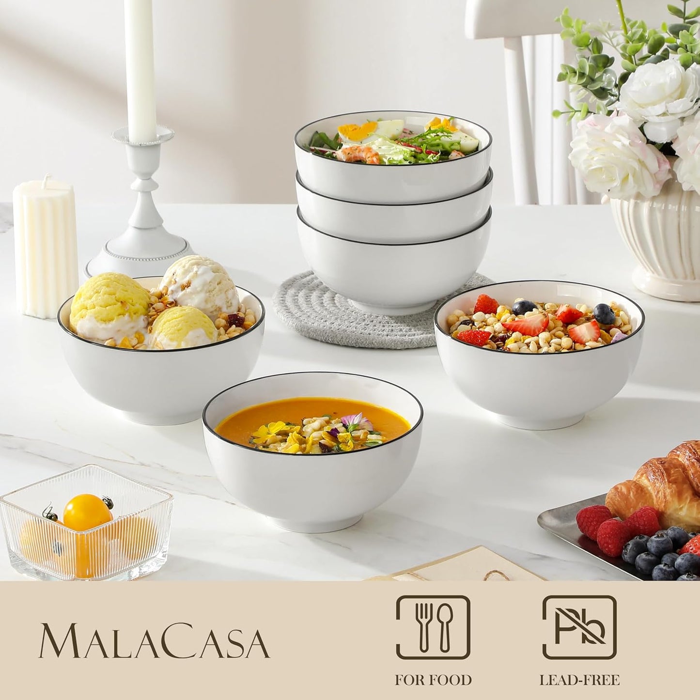 MALACASA Porcelain Soup Bowls, White Ceramic Cereal Bowls for Kitchen, Dishwasher and Microwave Safe, Series Regular 26Oz