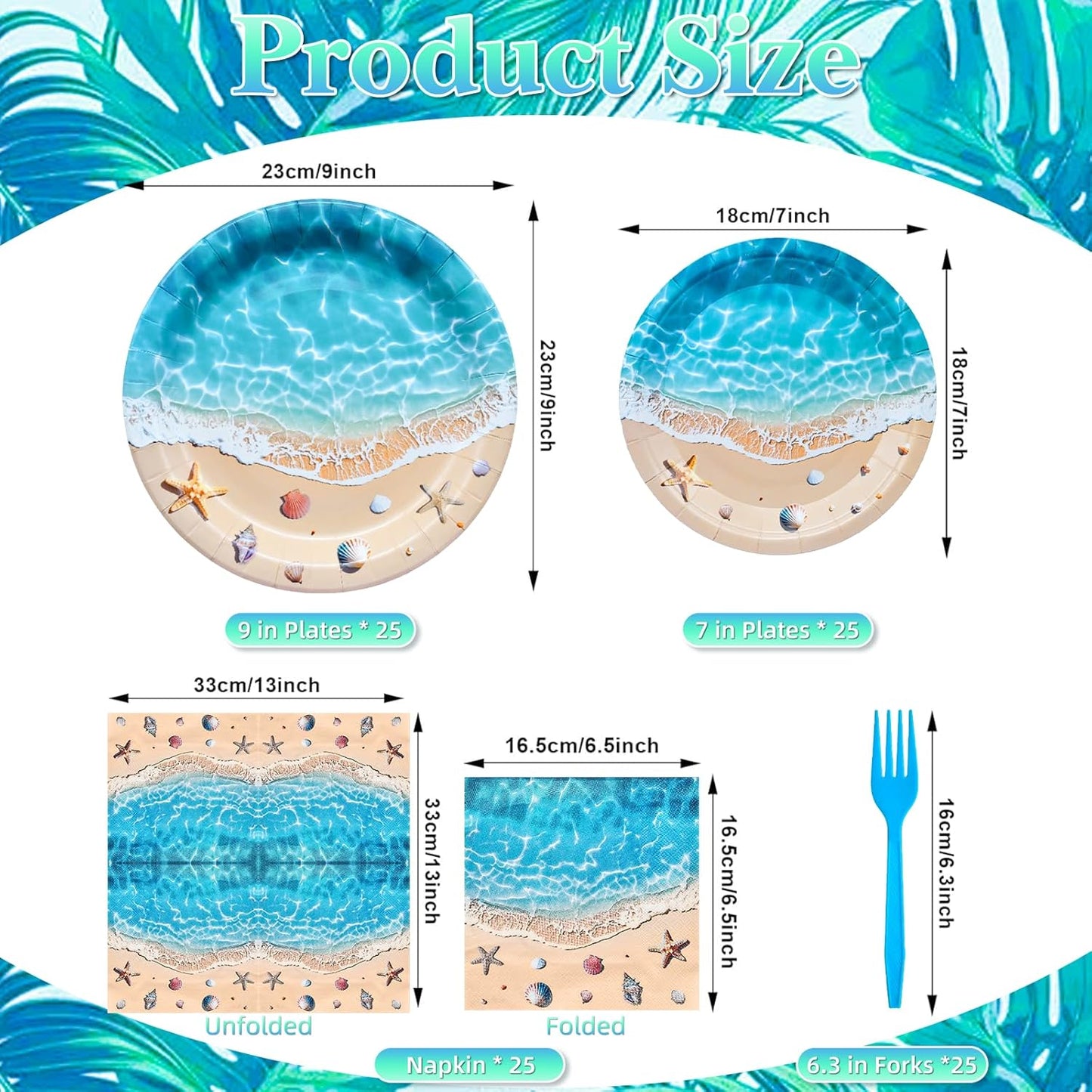 100 Pcs Summer Beach Tableware Party Supplies - Disposable Ocean Waves Hawaiian Dinnerware Set with Plates, Napkins, and Forks for Beach Theme, Luau, Tropical Pool Party Decorations - Serves 25