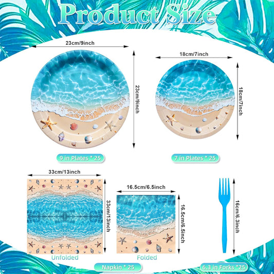 100 Pcs Summer Beach Tableware Party Supplies - Disposable Ocean Waves Hawaiian Dinnerware Set with Plates, Napkins, and Forks for Beach Theme, Luau, Tropical Pool Party Decorations - Serves 25