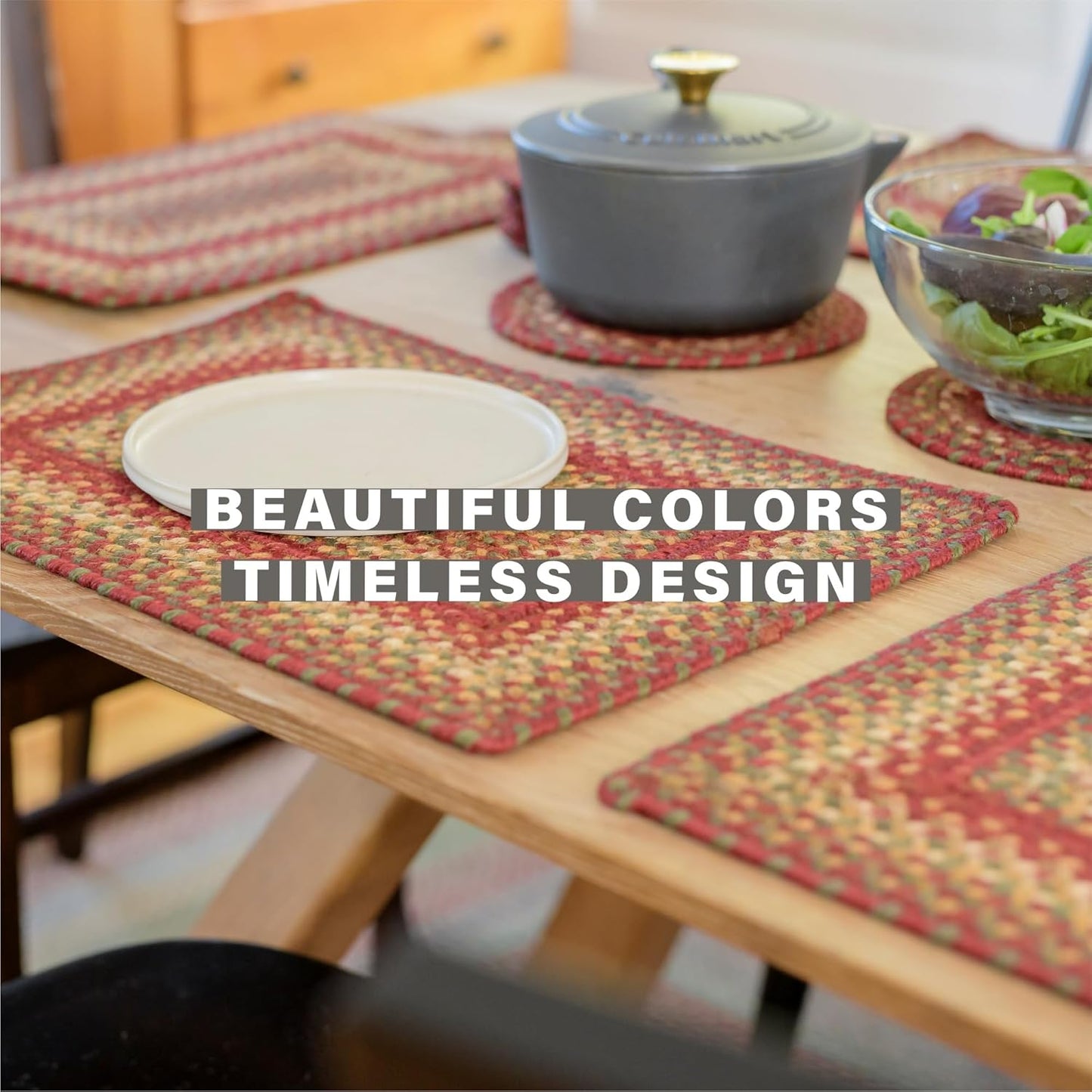 Homespice Cider Barn Premium Jute Braided Placemat Set of 4 Oval 10x15 Red Reversible, Natural Jute Yarn Rustic, Country, Primitive, Farmhouse Style