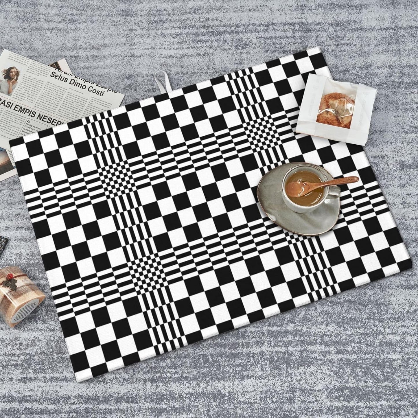 Black White Checkered Optical Art Dish Drying Mats for Kitchen Counter & Sink, Absorbent Microfiber Drying Pad for Dishes, Reversible Modern Geometric Dish Drainer Rack Mats, Home Decor, 18" x 24"