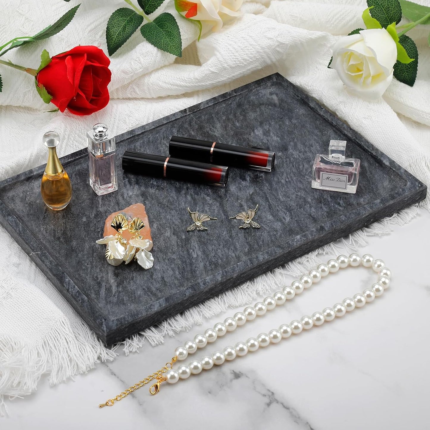 Real Luxurious Natural Black Marble Tray - 12x8 Inch Marble Vanity Tray for Perfume Display, Jewelry Organizer, Bathroom & Home Decor -Heavy Duty Non-Slip Stone Tray (Non-Resin/Non-Ceramic)