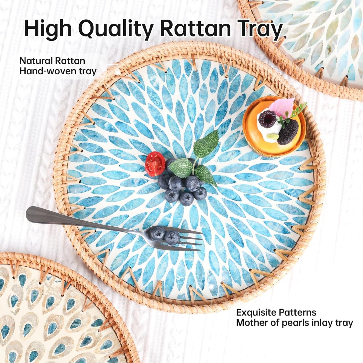 Round Rattan Tray with Mother of Pearl Inlay, Rattan Serving Tray for Coffee, Bread, Fruits, Decorative Wicker Tray for Table Decor, Home Decor, Kitchen Island Decor (Turquoise Leaf, 11.8")