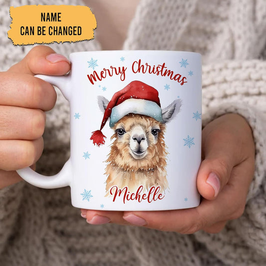 Hyturtle Personalized Gifts Llama Lover - Llama Wearing Santa Hat Custom Name Ceramic Coffee Mug Cup 11oz - Cute Animal Lovers Gifts For Women, Girl kids Family On Birthday, Christmas