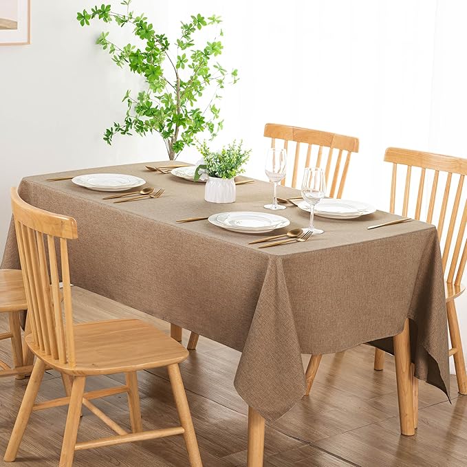 DWCN Rectangle Faux Linen Tablecloth - Textured Waterproof Spill-Proof Wrinkle and Stain Resistant Table Cloth Decorative Fabric Farmhouse Table Cover for Kitchen Dining Party, 54 x 80 Inch, Khaki