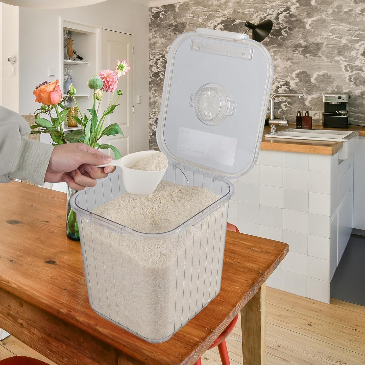 Plastic Clear Food Cereal Containers, 22Lbs Rice Cereal Container with Spoon for Kitchen Pantry Organization and Storage