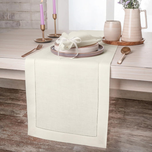 D'Moksha Homes Linen Ivory Table Runner 132 Inches Long - 100% Pure Linen Extra Long Table Runner 14 x 132 Inch for Fall, Autumn and Halloween - Classic Hemstitch