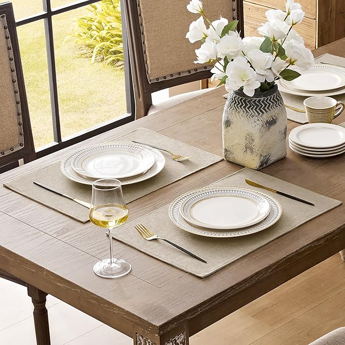 Romanstile Cloth Placemats Set of 6-12 x 18 Inch, Heat Resistant Double Layered Thickened Burlap Place Mats, Washable Faux Linen Farmhouse Table Mats for Kitchen/Dining/Party/Outdoor, Beige