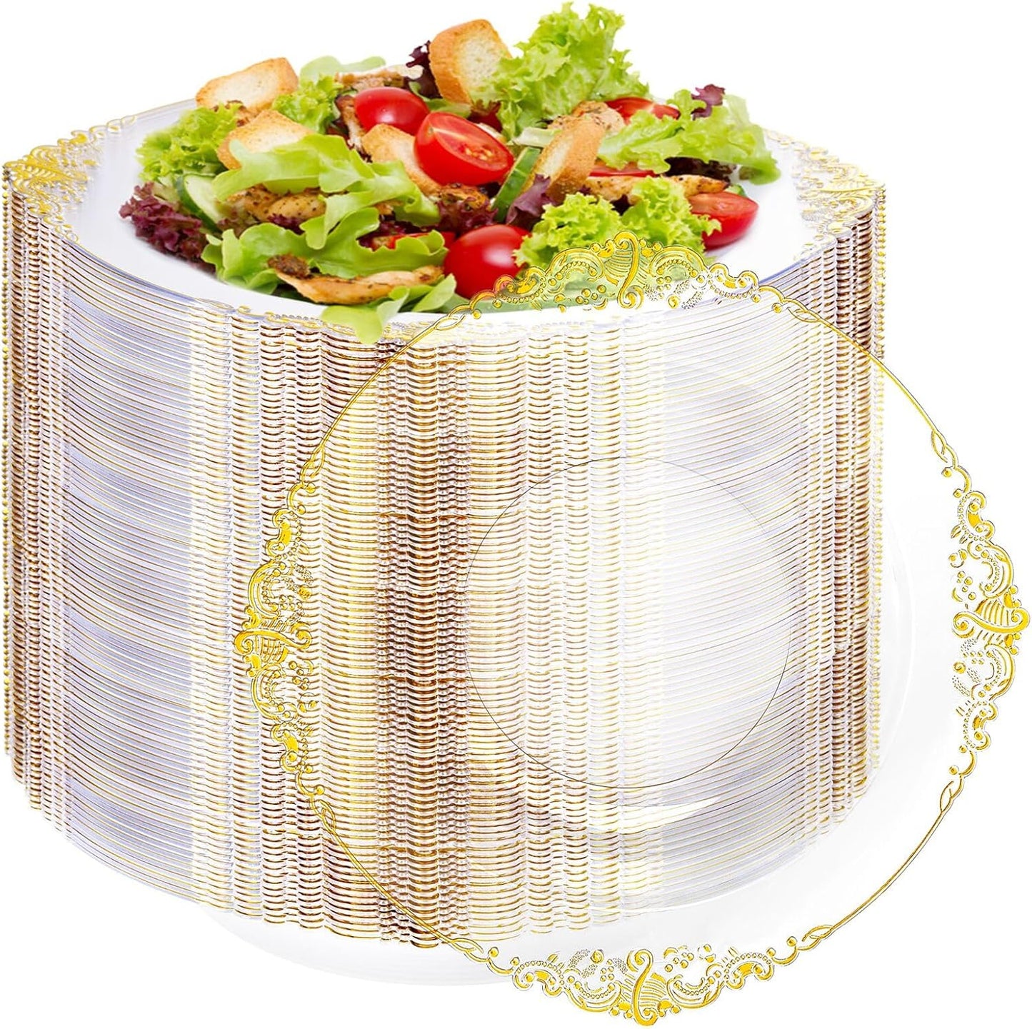 100PCS Clear Gold Plastic Bowls - 12 oz Clear Disposable Salad Bowls - Heavy Duty Disposable Soup Bowl - Fancy Plastic Ice Cream Bowl for Weddings, Thanksgiving Parties, Dinners, Picnics,