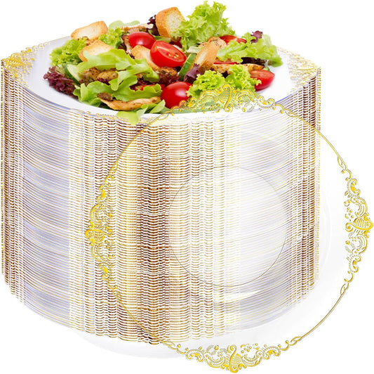 100PCS Clear Gold Plastic Bowls - 12 oz Clear Disposable Salad Bowls - Heavy Duty Disposable Soup Bowl - Fancy Plastic Ice Cream Bowl for Weddings, Thanksgiving Parties, Dinners, Picnics,