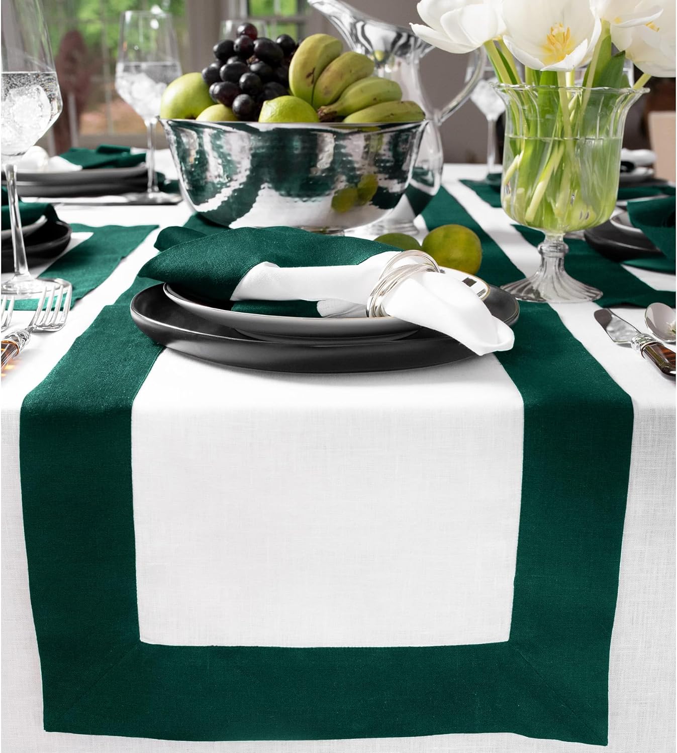 Solino Home Linen Table Runner 36 Inches - 100% Pure Linen Rainforest and White Small Table Runner 14 x 36 Inch Ideal for Dresser and Coffee Tables - Contempo - Christmas, Thanksgiving