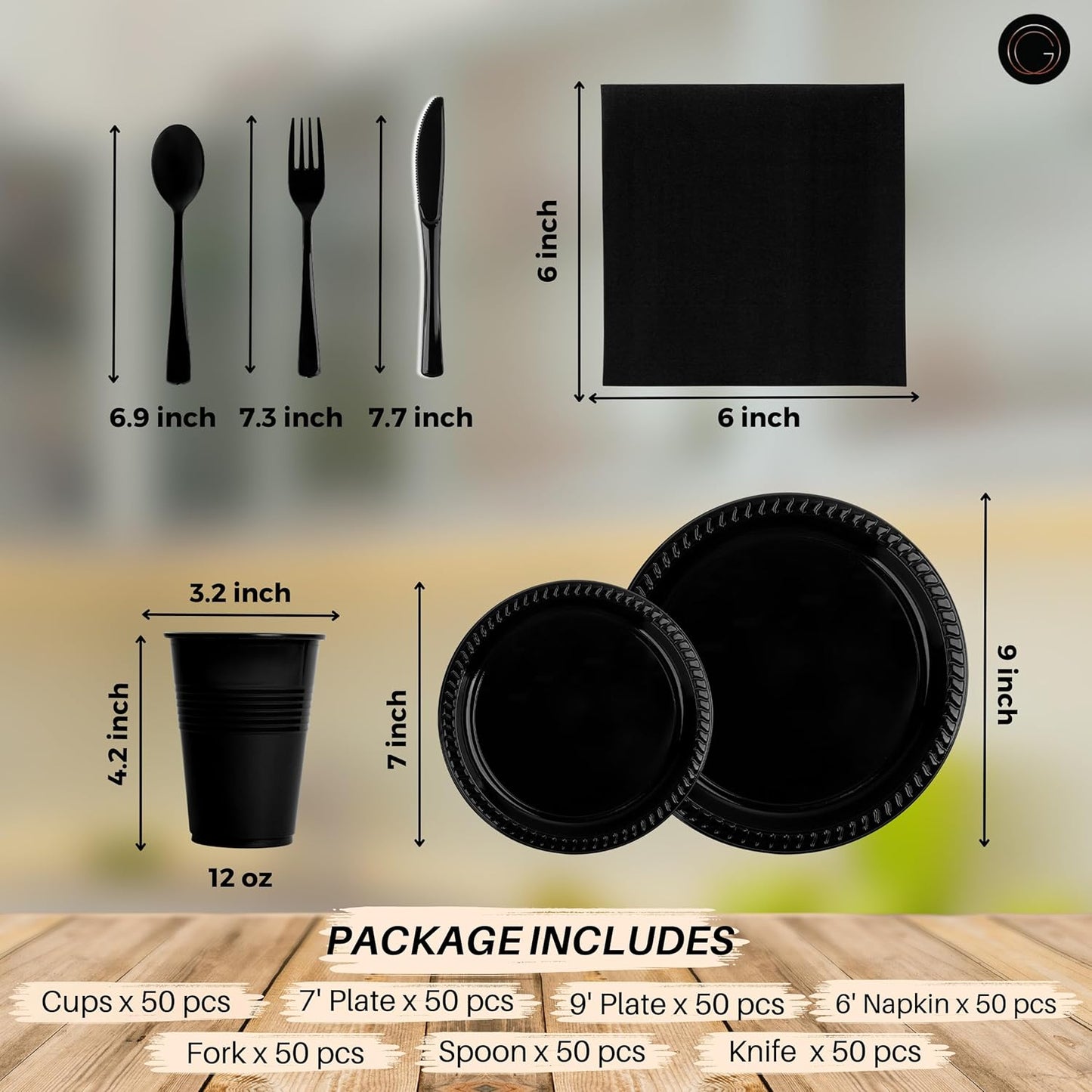 Grandipity 350 Piece Black Dinnerware Set, 50 Guests Plastic Party Plates, Cups, Napkins, Forks, Knives & Spoons