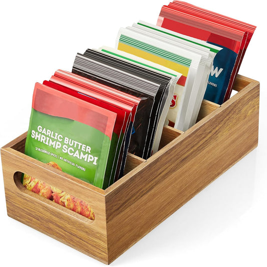 DRASTAR Pantry Organization and Storage Bins, Seasoning Packet Organizer with Removable Dividers,Wooden Storage Caddy for Kitchen, Pantry, Cabinet, Countertop, Acacia