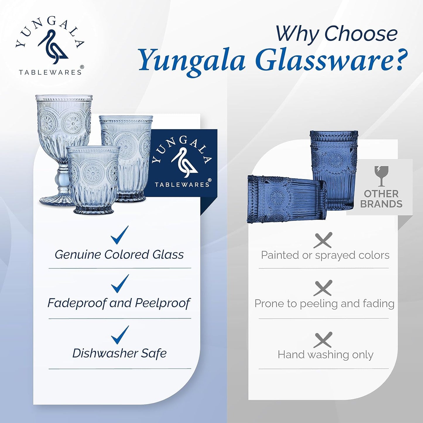 Yungala Blue highball glasses, set of 6, volume - 10oz, dishwasher safe vintage glassware made from blue glass, not coated or sprayed colored drinking glasses