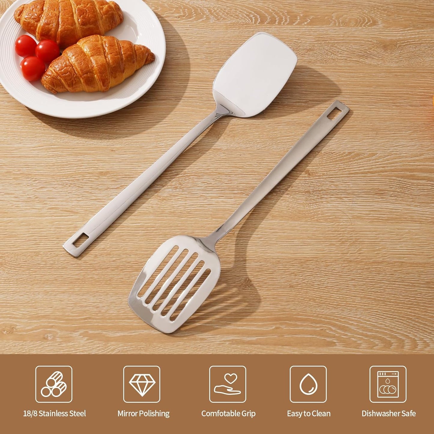 Professional Stainless Steel Cooking Utensils Set, 2 Pcs Metal Spatula Wok Turner, Wok Spatula Kitchen Cooking Tools for Sauteing, Flipping, Grilling (Dishwasher Safe)