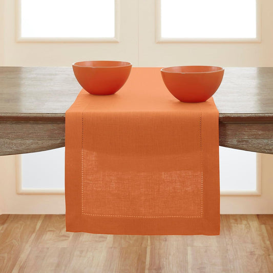 Solino Home Linen Pumpkin Table Runner 120 Inches Long - 100% Pure Linen Hemstitch 14 x 120 Inch Table Runner for Dining, Fall, Autumn, Halloween, Thanksgiving, Holiday - Classic Hemstitch