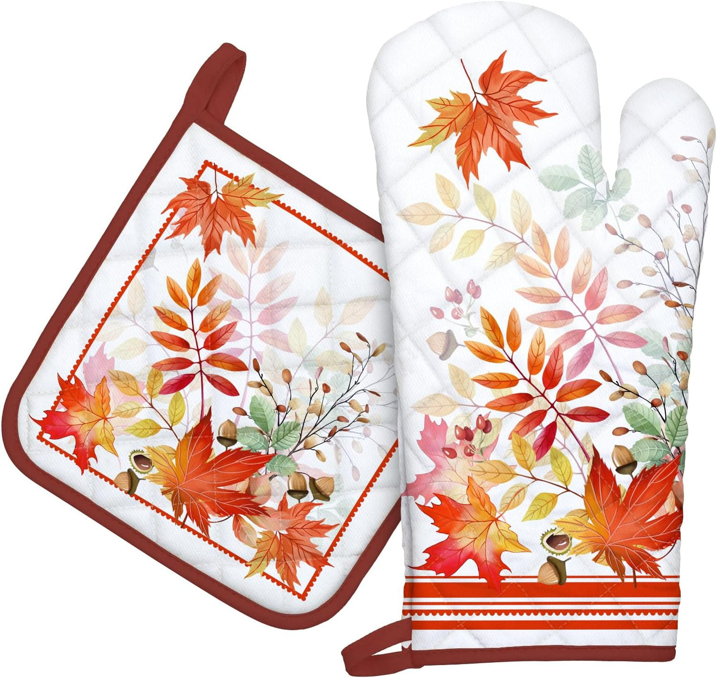 Fall Mapel Leaf Oven Mitts and Pot Holders Sets 2Pcs, 100% Cotton Heat Resistant, Extra Long Oven Gloves Potholder for Kitchen Cooking Baking Decoration