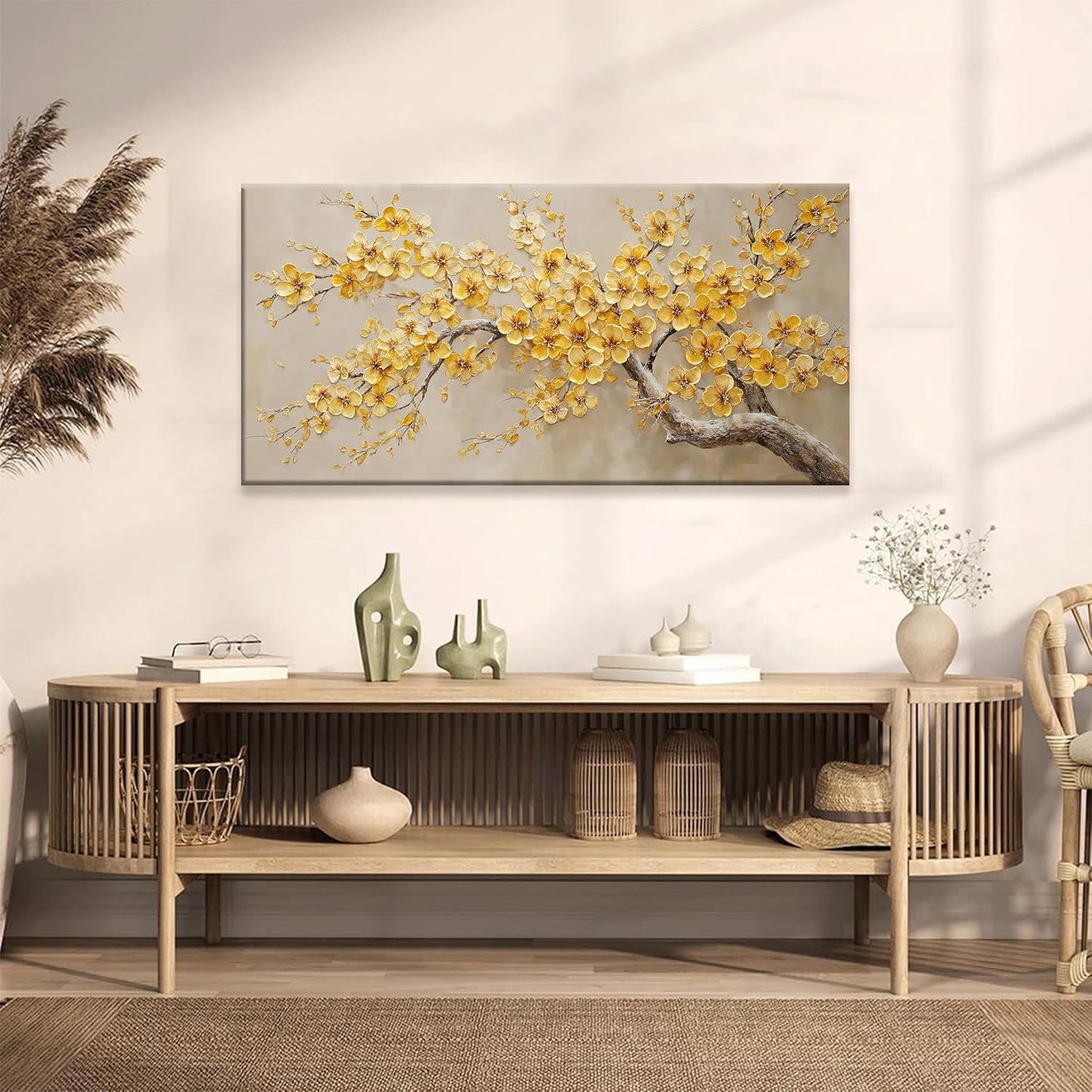 Modern Tree Of Life Wall Art Canvas Prints Ready To Hang Home Wall Decor Golden Yellow Flowers Wall Art Decorations For Living Room Kitchen Bedroom Office Decor 24x48 Inch