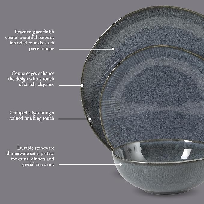 Gibson Elite Sandy Pines Stoneware Plates and Bowls Set - 12 Piece Reactive Glaze Dinnerware Set - Service for 4 - Dishwasher and Microwave Safe - Blue