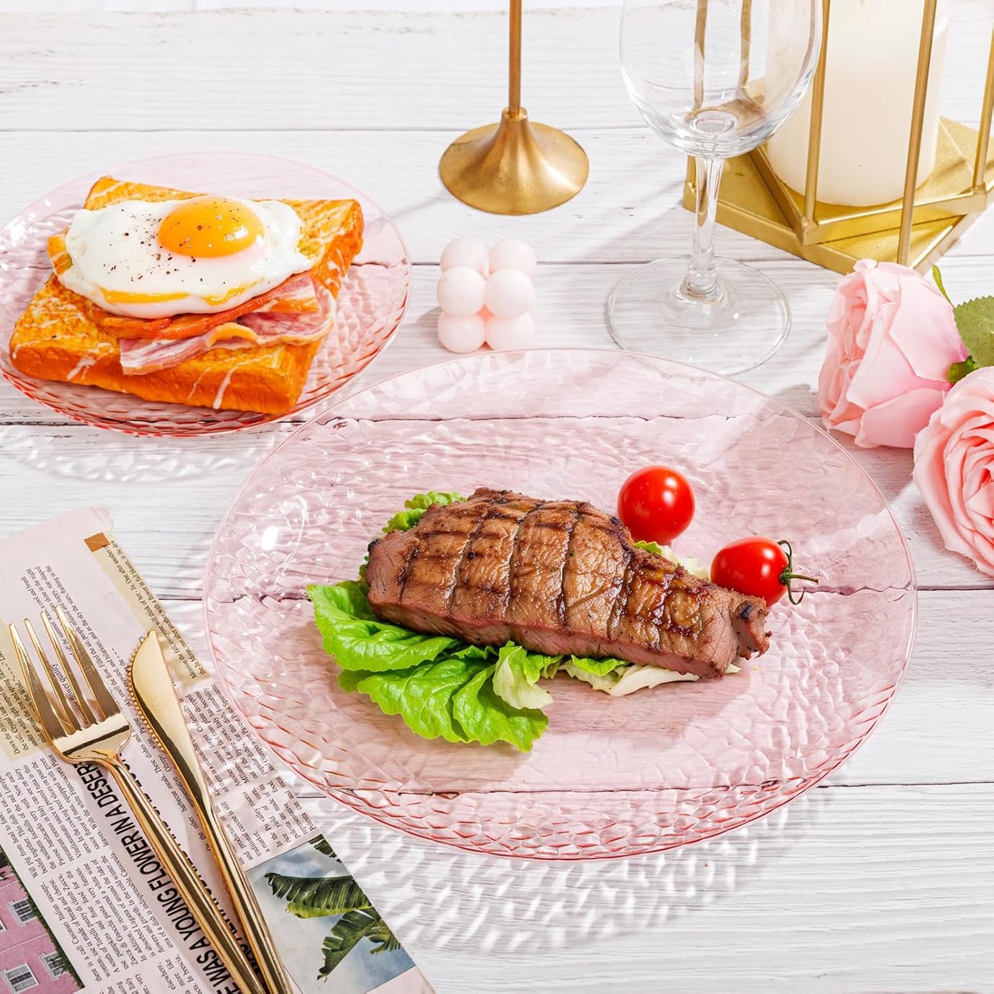 Rubtlamp 100 Pcs Clear Pink Plastic Plates Dinnerware Set, Hammered Plastic Pink Plates Set,Clear Disposable Party plates Include 50 Dinner Platos,50 Dessert Platos