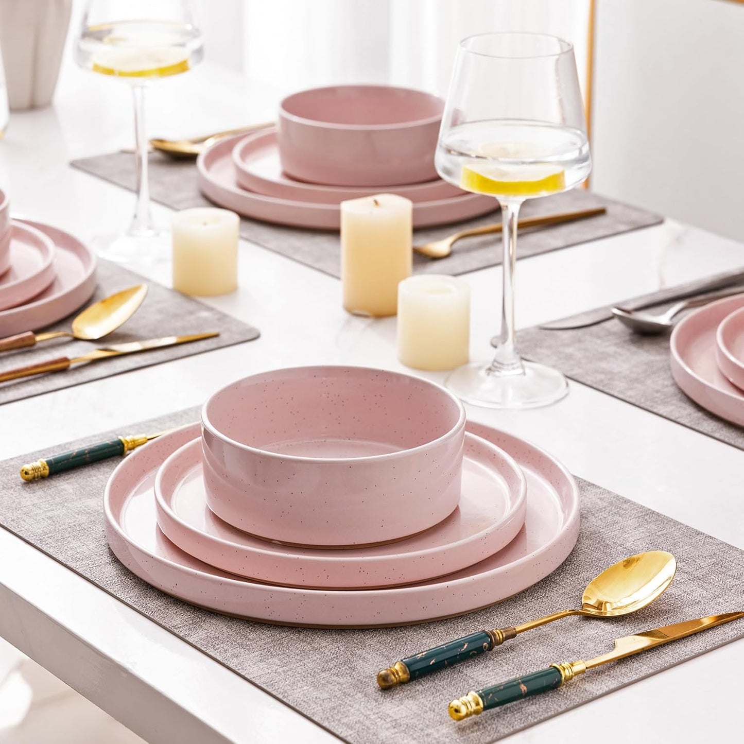 AmorArc Ceramic Dinnerware Set for 8 | Speckled Stoneware Plates and Bowls with Rustic Terracotta Underside| Scratch Resistant,Dishwasher & Microwave Safe Dishes Sets- 24pcs Pink