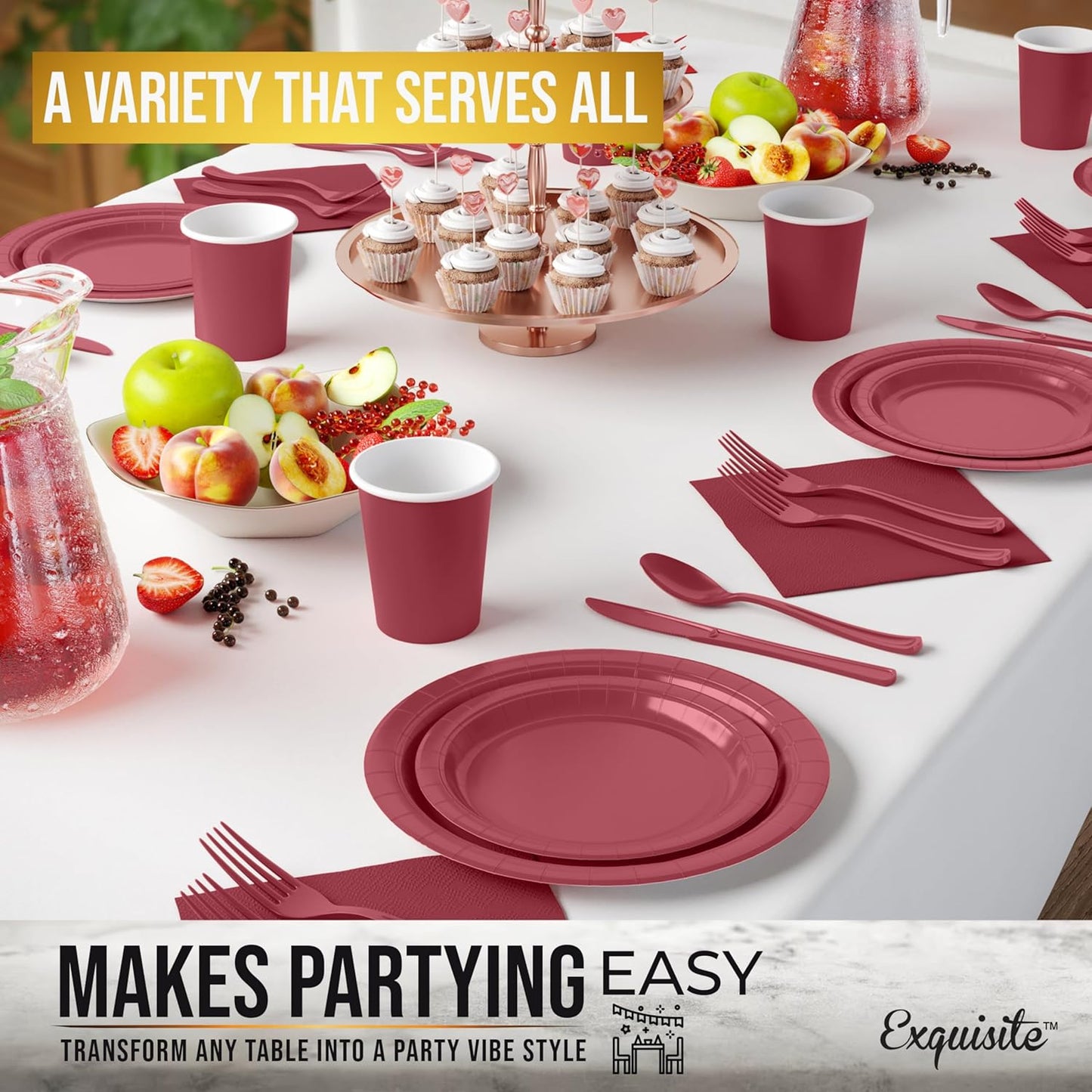 Exquisite 350 Pcs Burgundy Paper Plates For Party, Burgundy Disposable Plates Set, 50 Of Each 9" Dinner Plate Set, 7" Dessert Plate, Cups, Napkins & Cutlery Paper Dinnerware