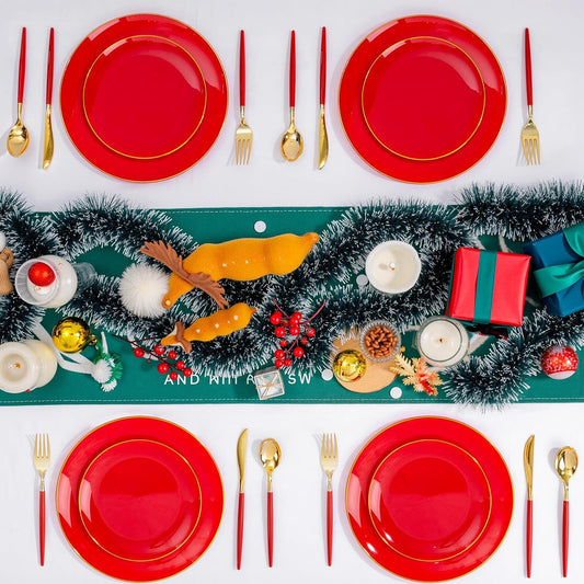 DaYammi 150Pcs Red Plastic Plates & Gold Cutlery with Red Handle,Christmas Disposable Plates Set Include 30 Dinner Plate, 30 Dessert Plate,30 Knives,30 Forks,30 Spoons for Christmas Party Holiday