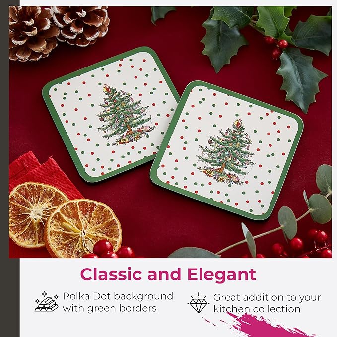 Pimpernel Polka Dot Coaster Set – 4-Inch Square Cork-Backed Drink Mats with Lacquered Finish, Heat & Stain Resistant Tabletop & Dining Accessories, Decorative Coffee, Tea & Beverage Protection