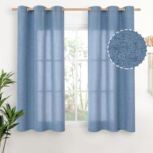 YoungsTex Blue Linen Curtains 54 Inches Length for Short Window - Bronze Grommet Light Filtering Drapes Privacy for Bedroom Kitchen Bathroom Decorative, 42 x 54 Inch, 2 Panels