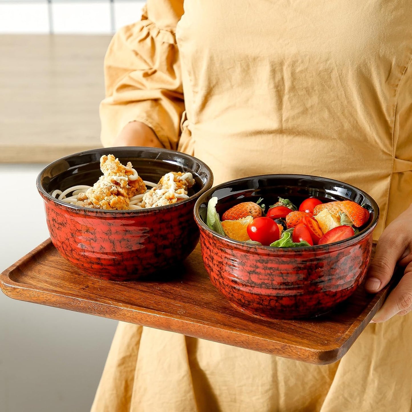 HASENSE 20 Ounces Cereal Bowls, Ceramic Soup Bowls Set of 6, Snack Bowls for Kitchen, Salad, Pasta, Rice, Oatmeal, Microwave & Dishwasher Safe, Red